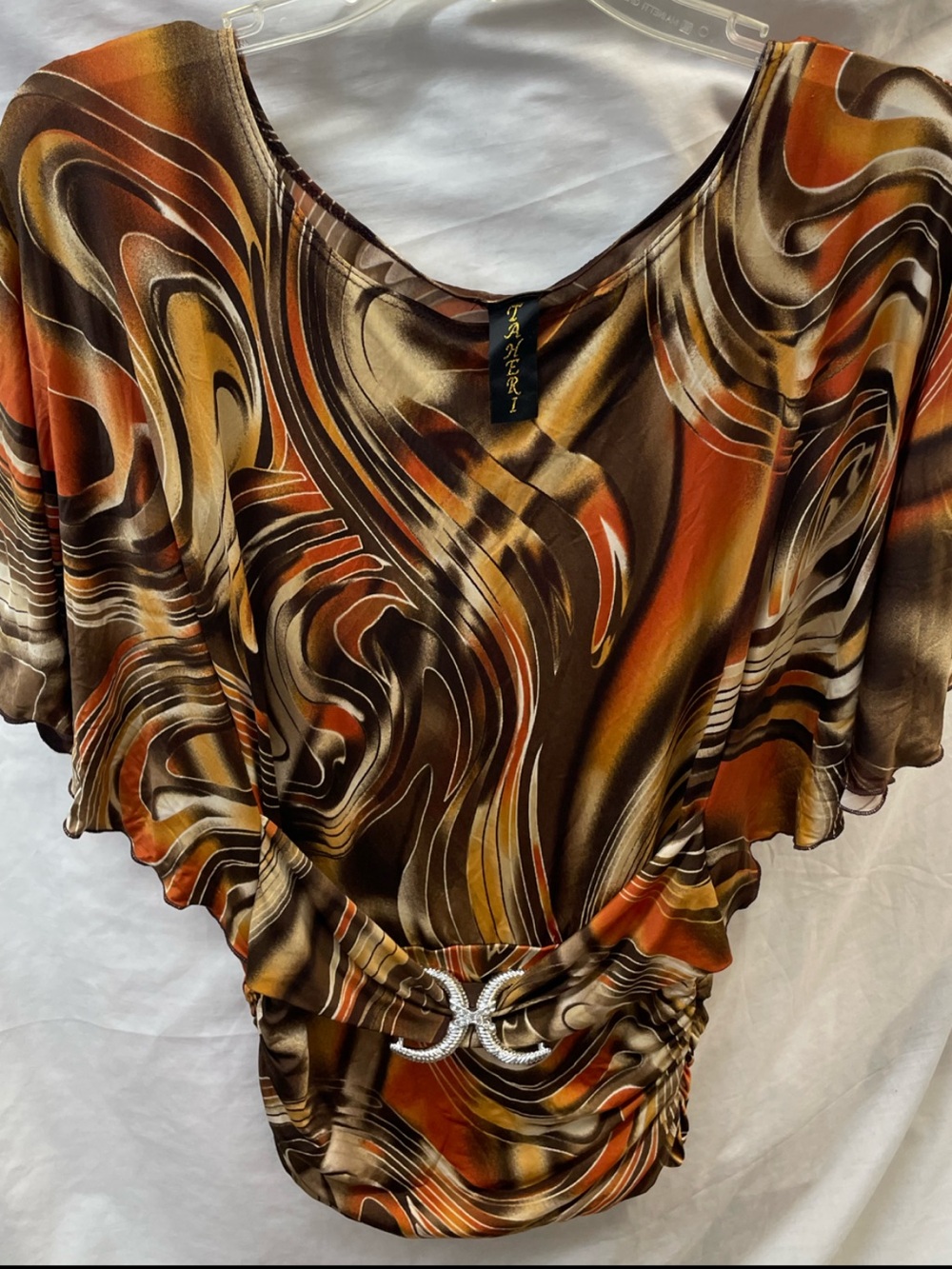 La Mer Brown, Orange & Gold Swirl Layered Surplice Top Buckle sz L
